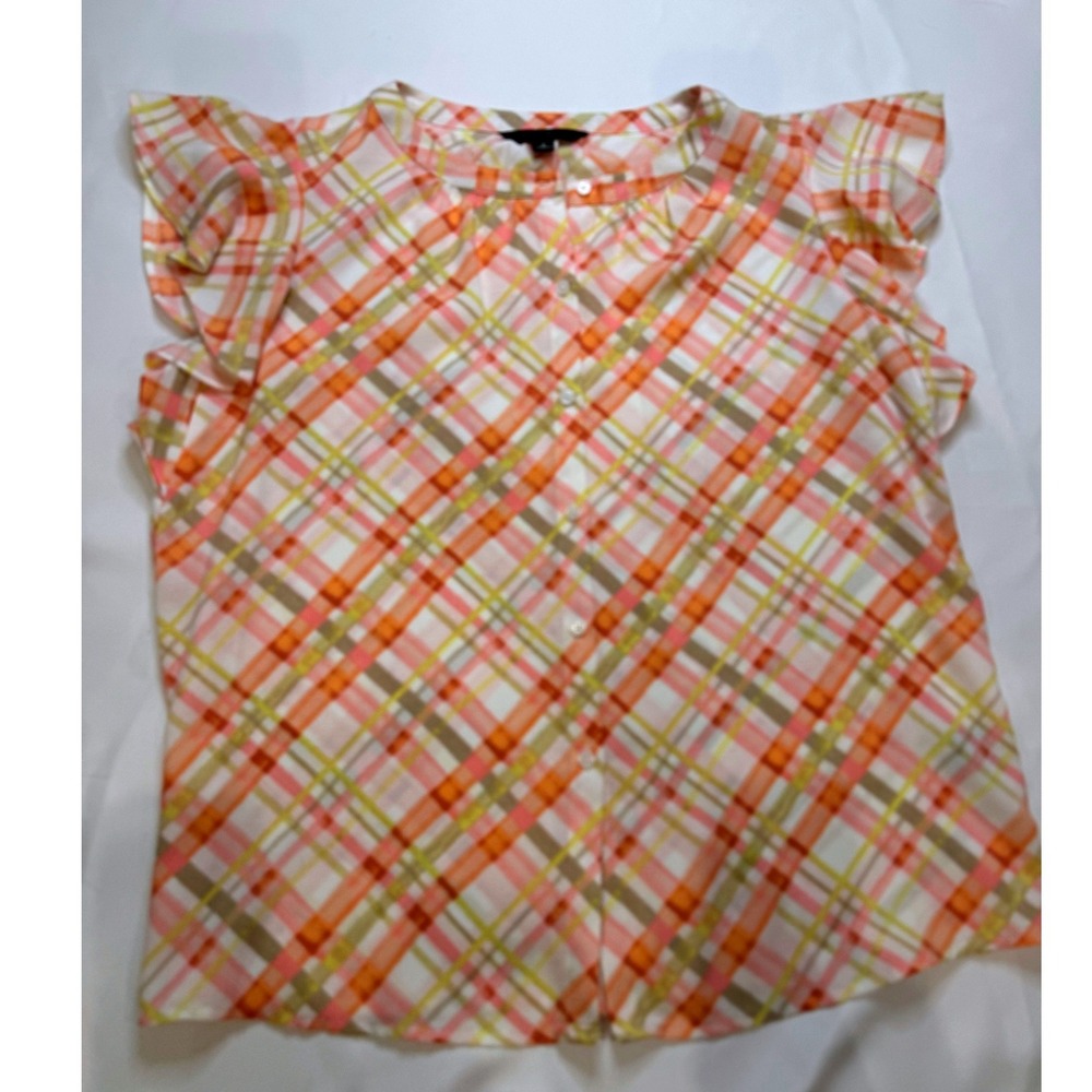 Investments‎ Plaid Blouse Women Size S Orange Pink Flutter Sleeve Button